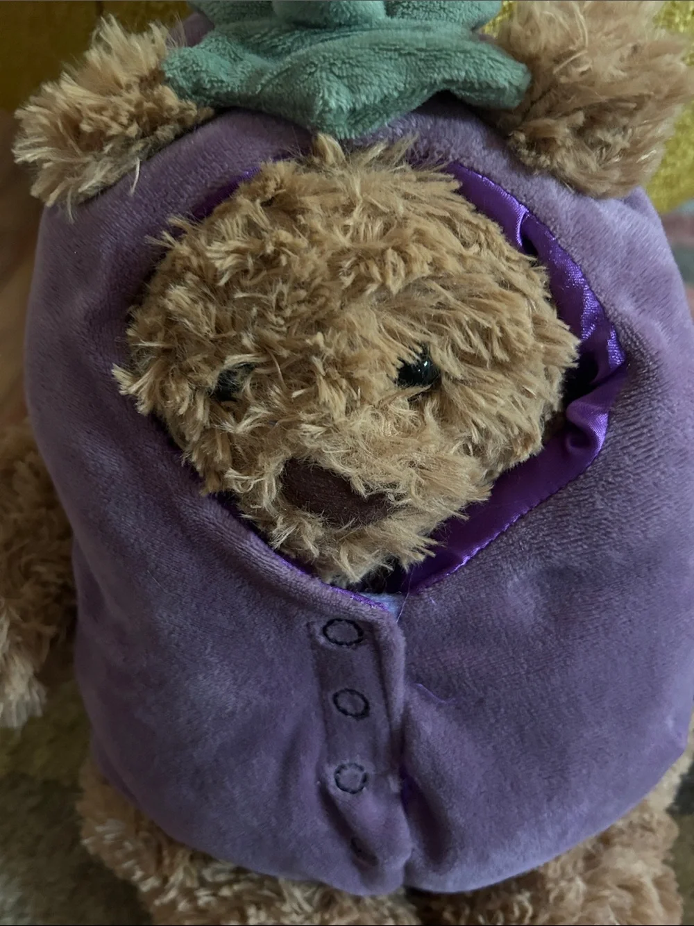 retired  H2FJellycat Bartholomew Bear in Purple Eggplant Outfit with Green Top